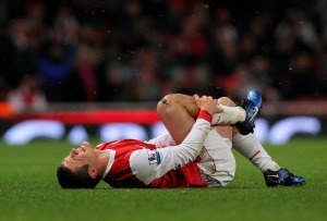 An all too familiar sight for Arsenal fans; an injured star player. Picture: BR
